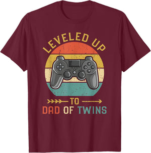 Vintage Level Up to Dad of Twins Gamer Gift T-Shirt - T-Shirt | Maroon