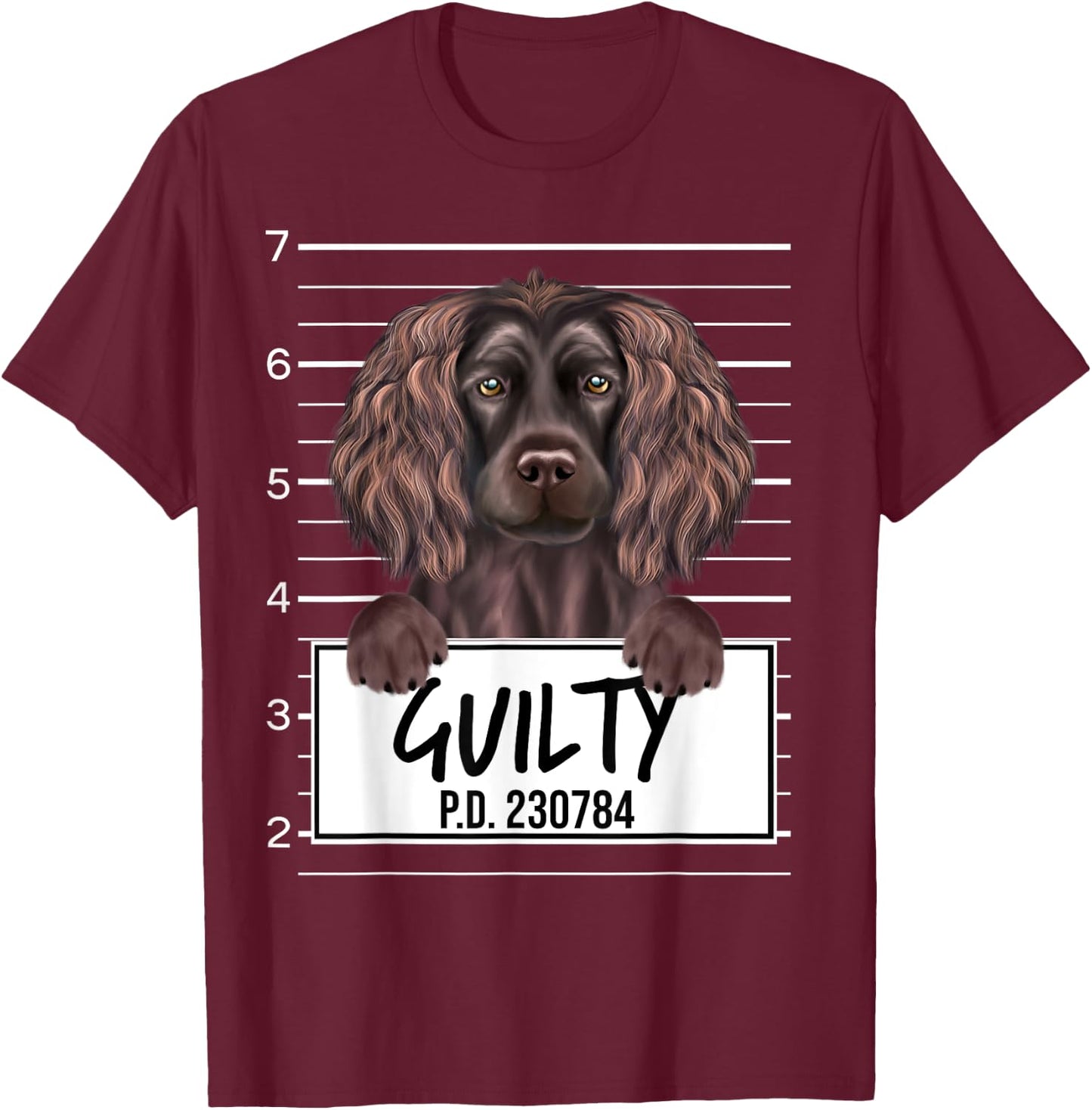Funny Boykin Spaniel Mugshot Guilty Dog T-Shirt - T-Shirt | Maroon
