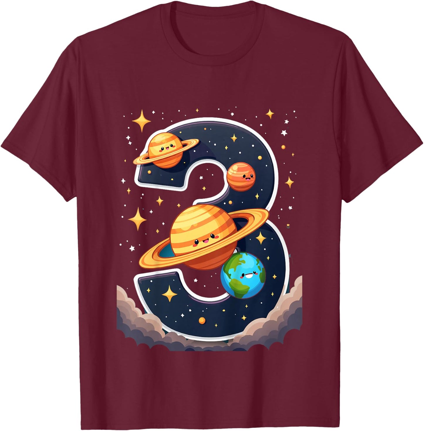 Space Planets Galaxies 3rd Birthday, 3 Years Old Child Bday T-Shirt - T-Shirt | Maroon