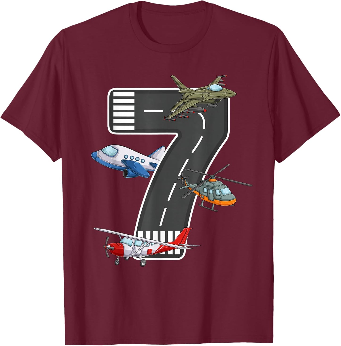Little Pilot 7th Birthday Party 7 Seven Year Old Airplane T-Shirt - T-Shirt | Maroon