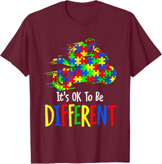 Autism Awareness It's Ok To Be Different Colorful Motorcycle T-Shirt - T-Shirt | Maroon