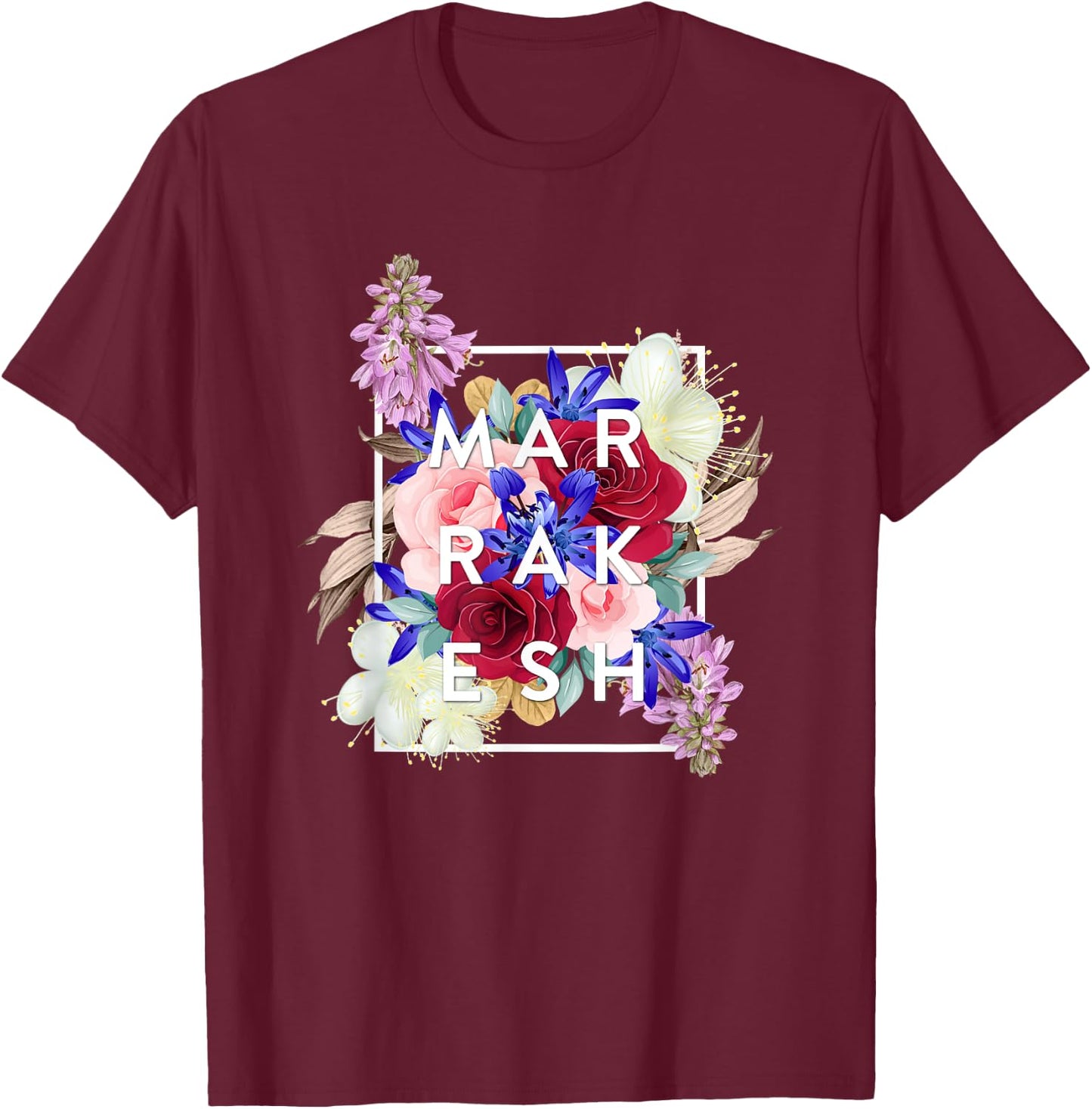 Flowers of Marrakesh Word Art - Morocco Souvenir T-Shirt - T-Shirt | Maroon