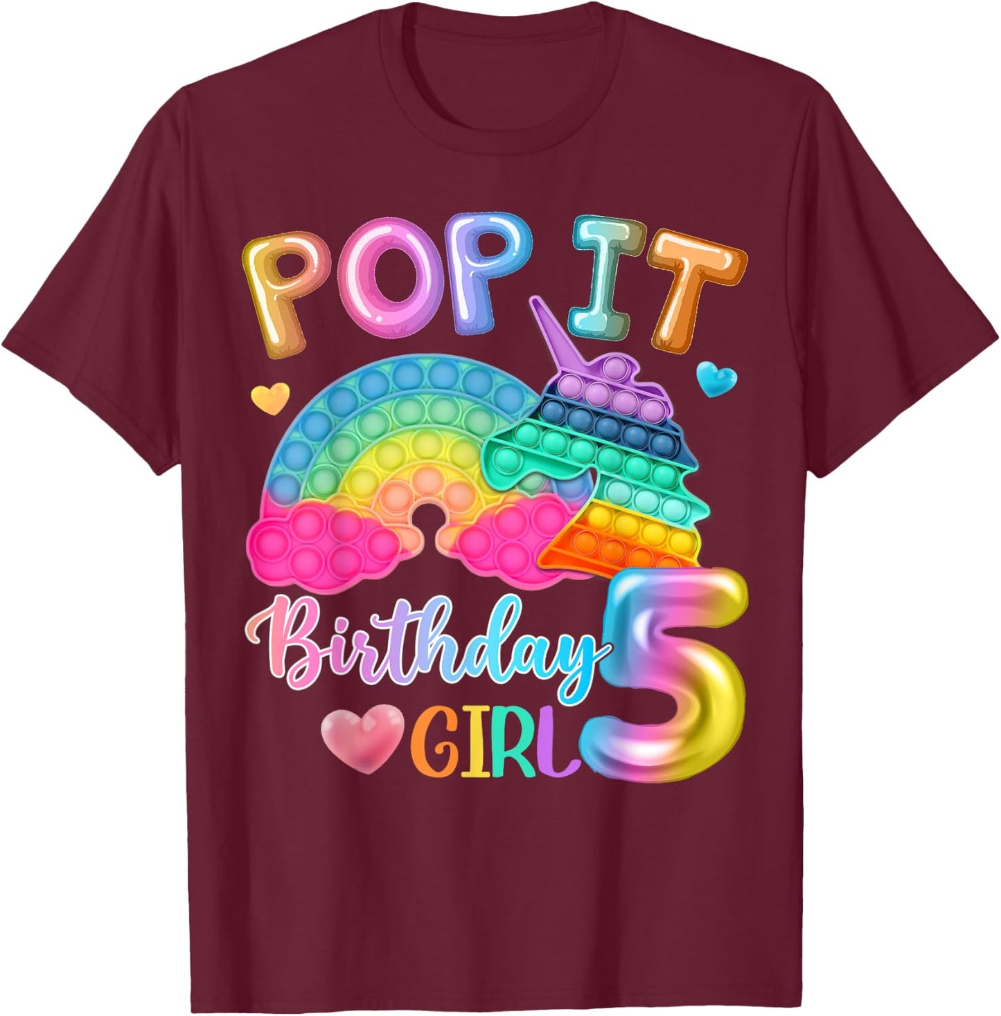 Kids Pop It Birthday Girl 5 for 5yr Old Girls Unicorn Party T-Shirt - T-Shirt | Maroon