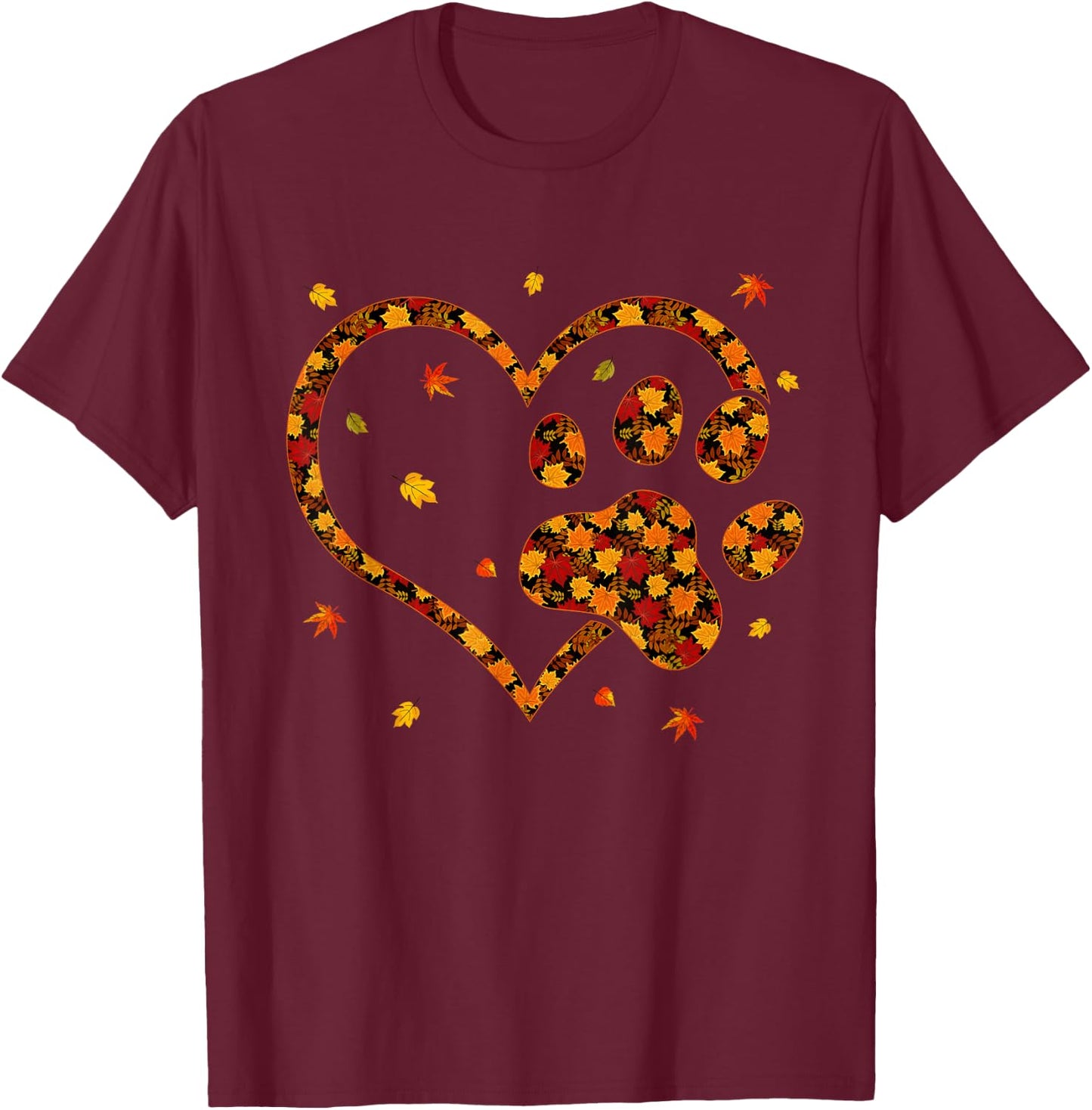 Hello Fall Autumn Leaf Dog & Cat Paw Print Pets Kitten Owner Women Kids T-Shirt - T-Shirt | Maroon