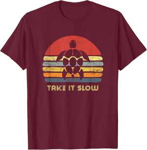 Take It Slow Turtle Retro Sunset Design Women Kids T-Shirt - T-Shirt | Maroon