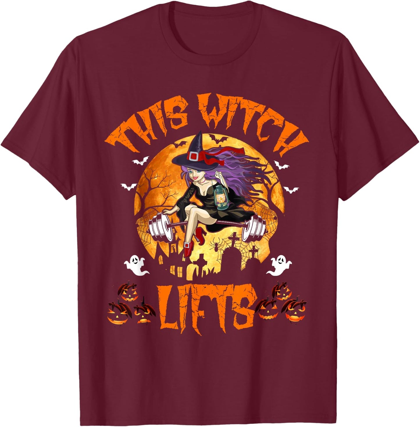 This Witch Lifts Barbell Fitness Gym Workout Witch Halloween T-Shirt - T-Shirt | Maroon