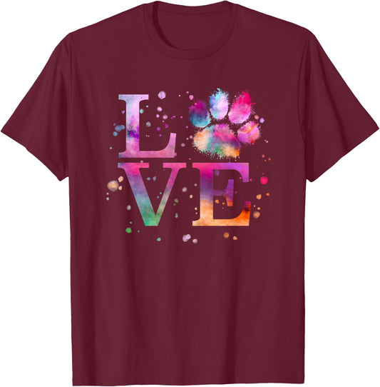 Love Dog Paw Print Colorful National Animal Shelter Week T-Shirt - T-Shirt | Maroon
