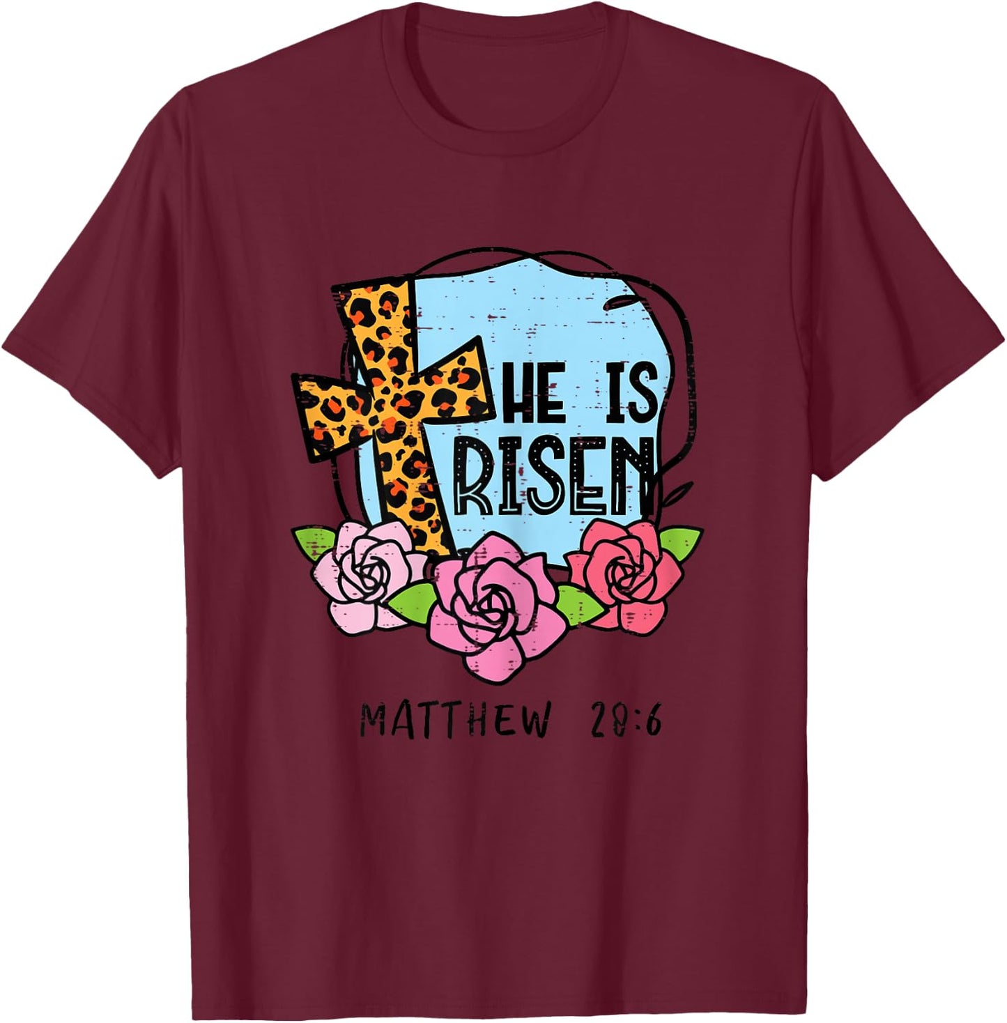 Leopard Cross He Is Risen Easter Jesus Religious Women T-Shirt - T-Shirt | Maroon