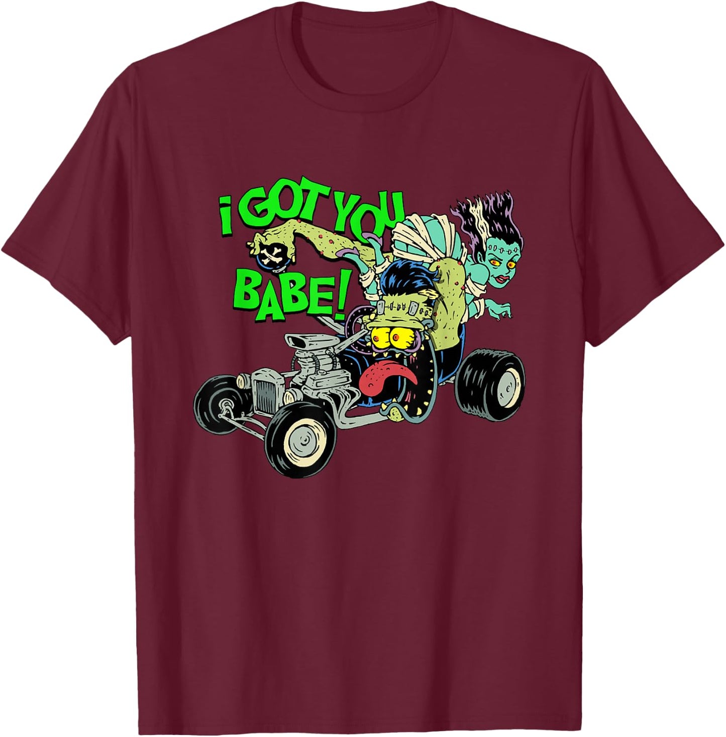 Hot Rod Gasser Frankenstein Monster Car Dragster Bride Mum T-Shirt - T-Shirt | Maroon