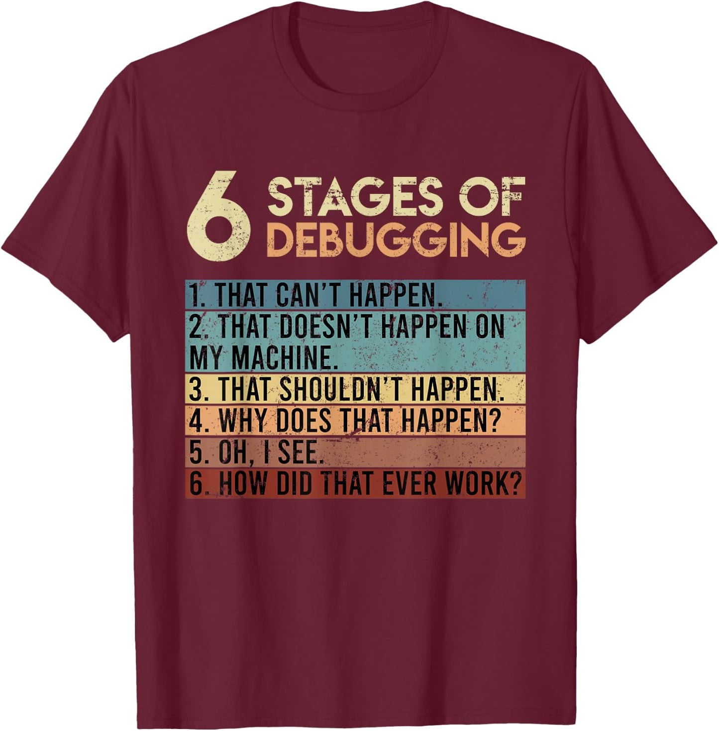 6 Stages of Debugging Software Tester developer Coder T-Shirt - T-Shirt | Maroon