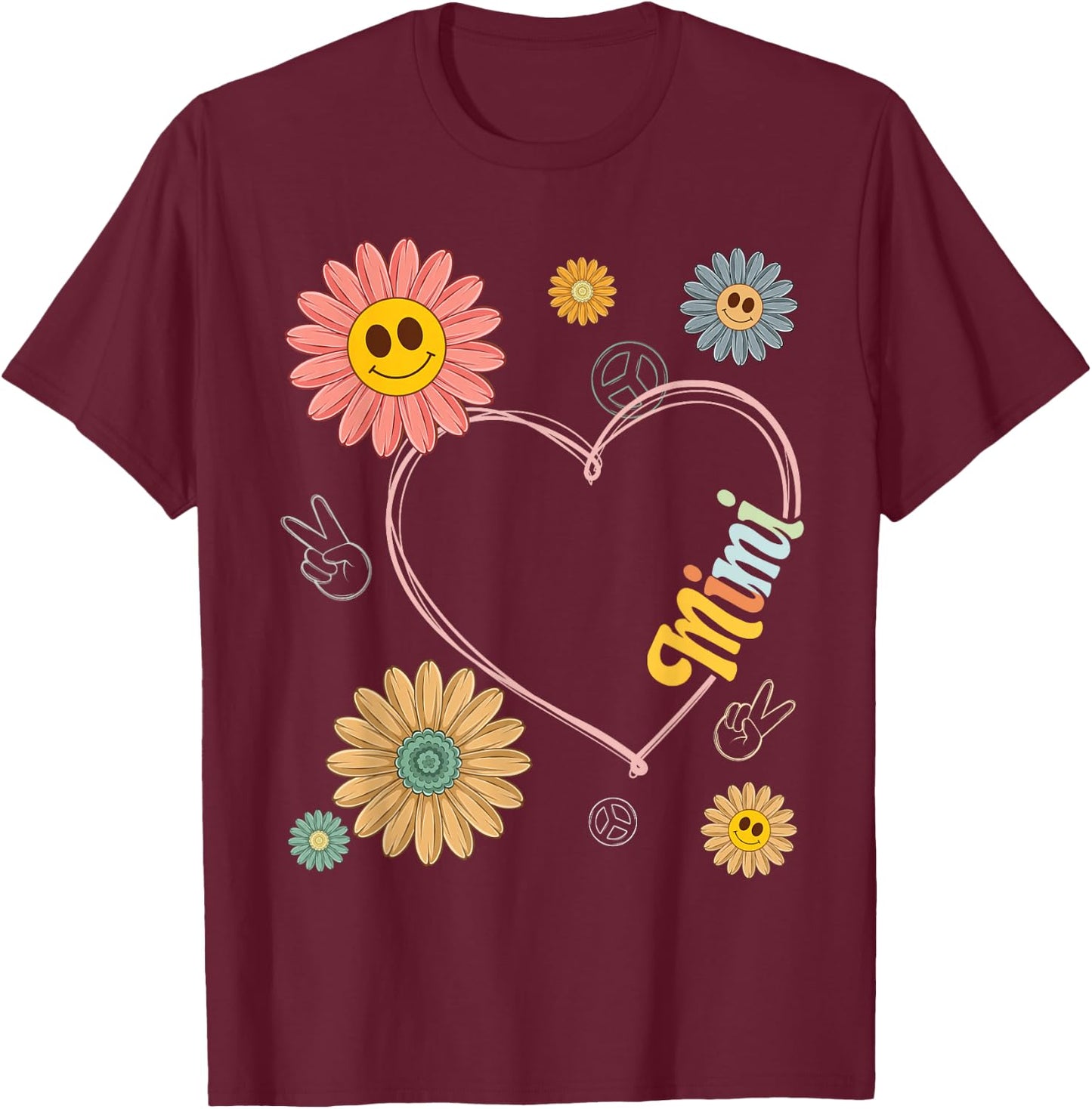 Love Heart Groovy Mimi Mother's Day Women Hippie 70's Style T-Shirt - T-Shirt | Maroon