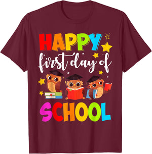 Cute Owls Happy First Day of School Students Parents T-Shirt - T-Shirt | Maroon