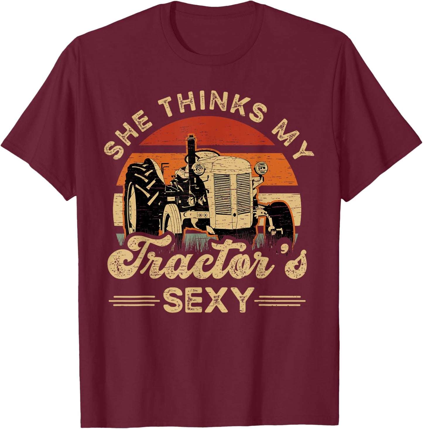 She Think My Tractor's Sexy Farmer - Black, Small - Women's Casual Modern - Short Sleeve - - Polyester 100% - Funny Farmer Motive, Animal Pattern T-Shirt - T-Shirt | Maroon