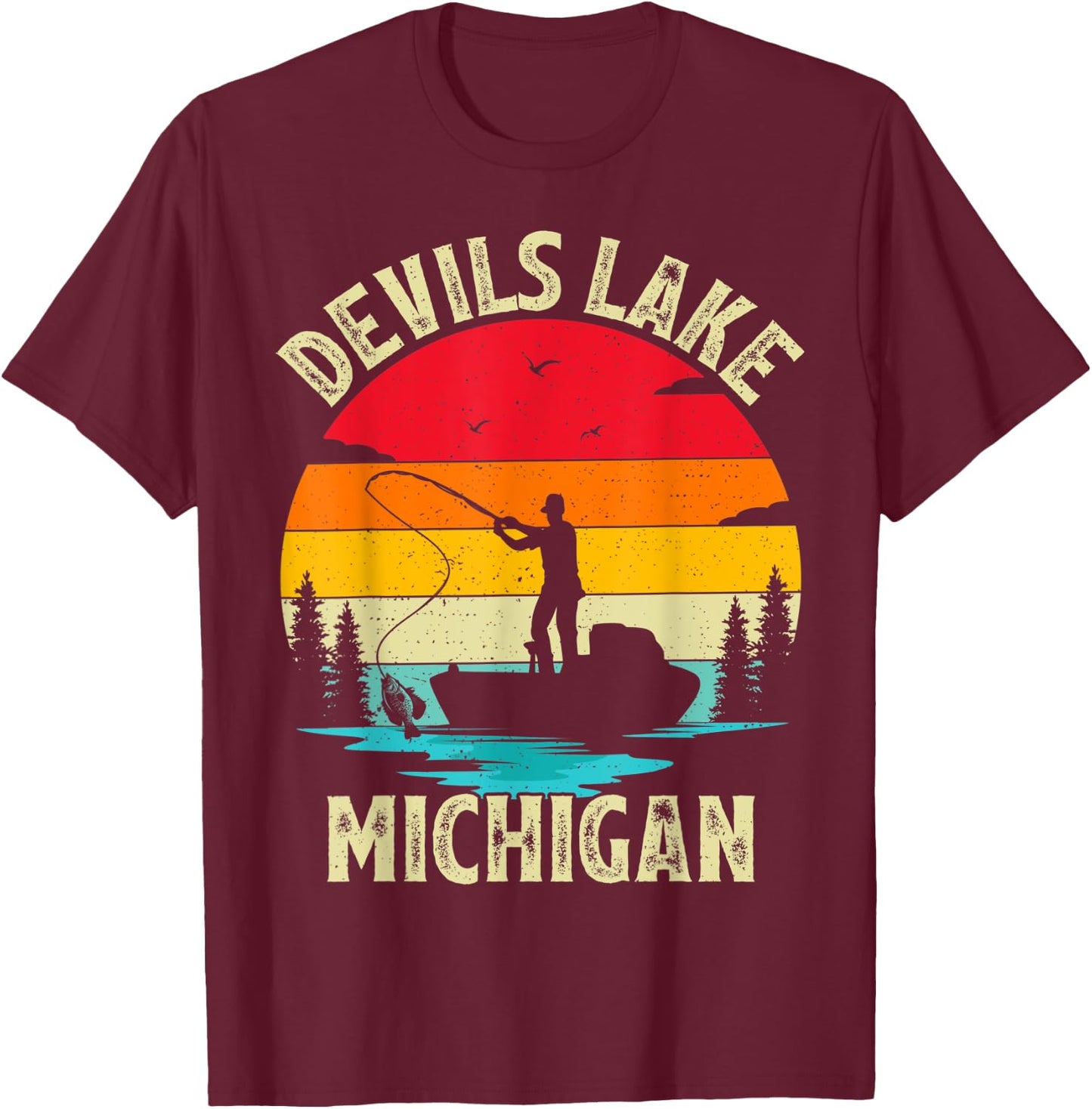 Summer Vacation Fishing Vintage Retro Michigan Devils Lake Women Kids T-Shirt - T-Shirt | Maroon