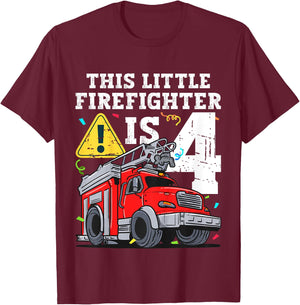 Kids Fire Truck 4 Year Old Firefighter 4th Birthday Toddler Boy T-Shirt - T-Shirt | Maroon