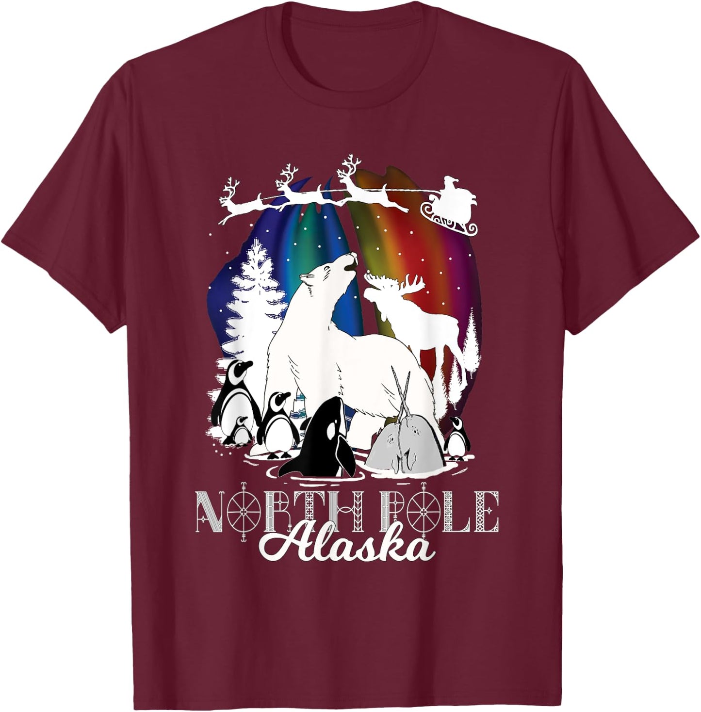 North Pole Alaska Aurora Borealis Christmas Town Wildlife T-Shirt - T-Shirt | Maroon