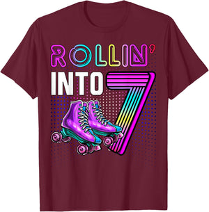 Rollin' into 7 Roller Skating Rink 7th Birthday Party Girls T-Shirt - T-Shirt | Maroon