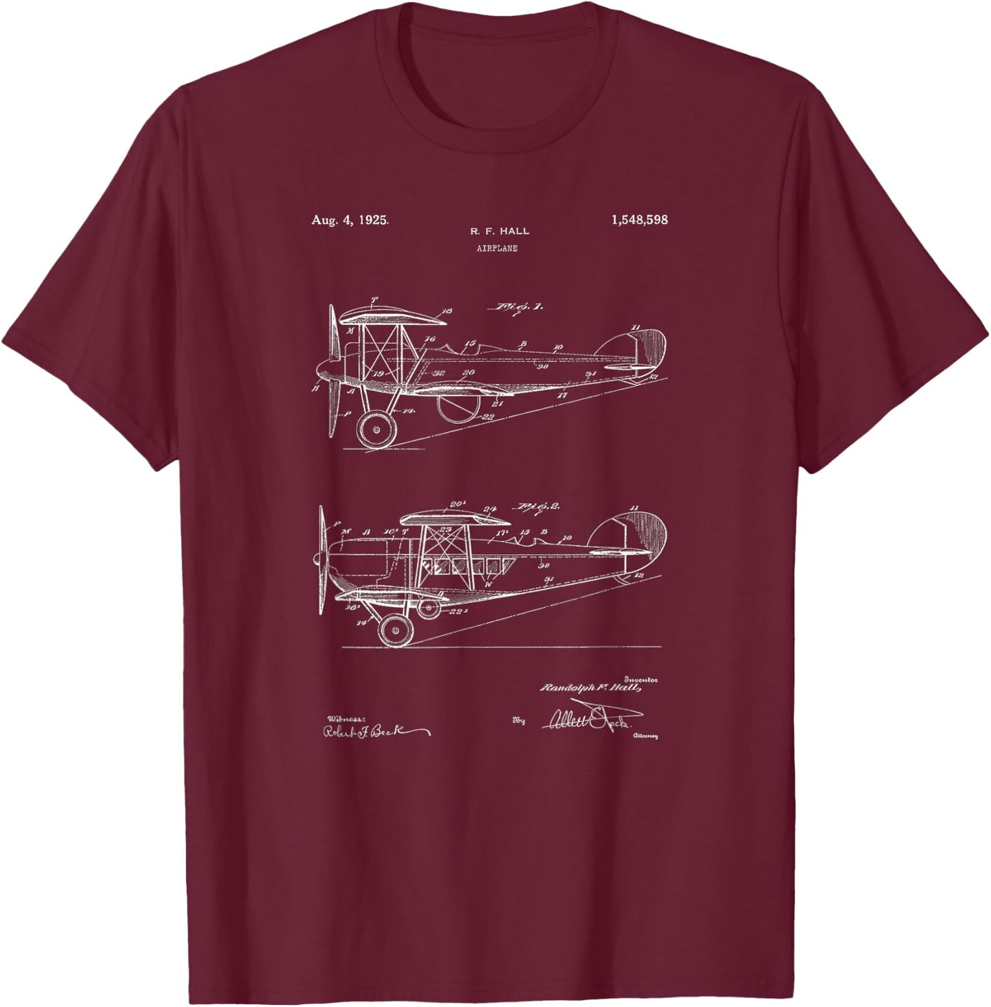 Biplane Patent 1925 Airplane Pilot Aviation Bi-Plane Design T-Shirt - T-Shirt | Maroon