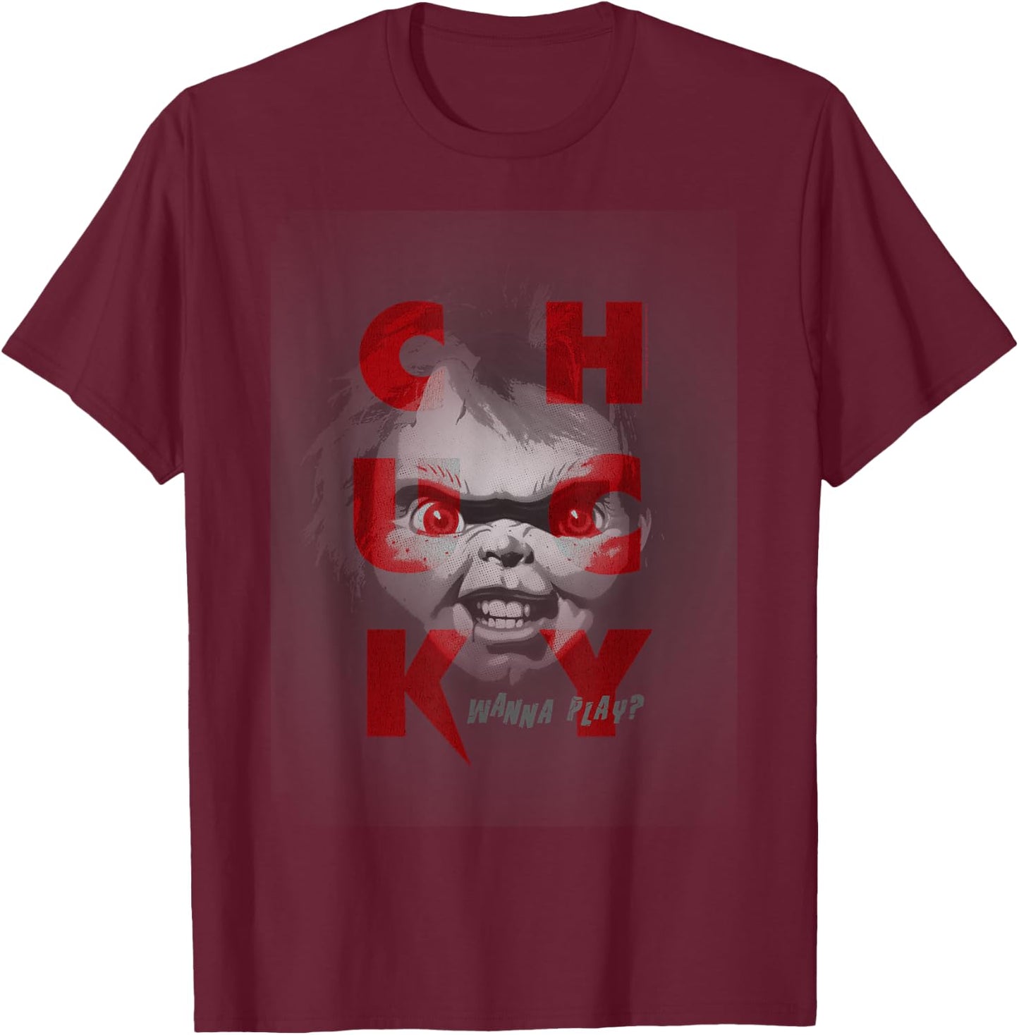 Chucky Wanna Play Grayscale Portait T-Shirt - T-Shirt | Maroon