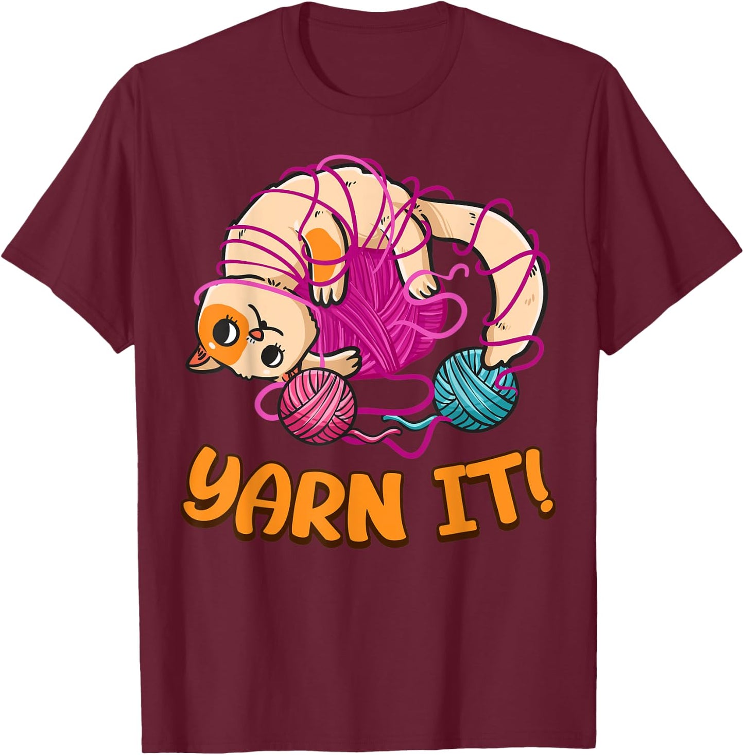 Funny Knitters Yarn It Cat Tangled In Yarn Cat Lovers Yarn Women Kids T-Shirt - T-Shirt | Maroon