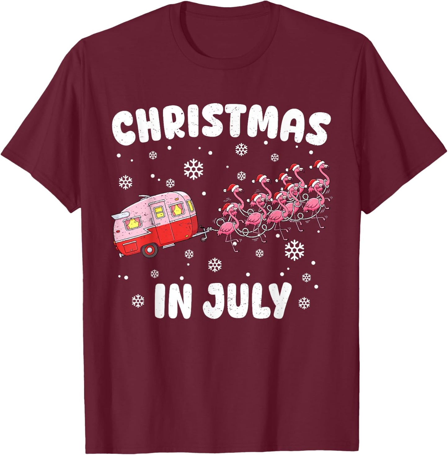 Flamingo Summer Christmas in July Xmas Camper Men Women Kids T-Shirt - T-Shirt | Maroon