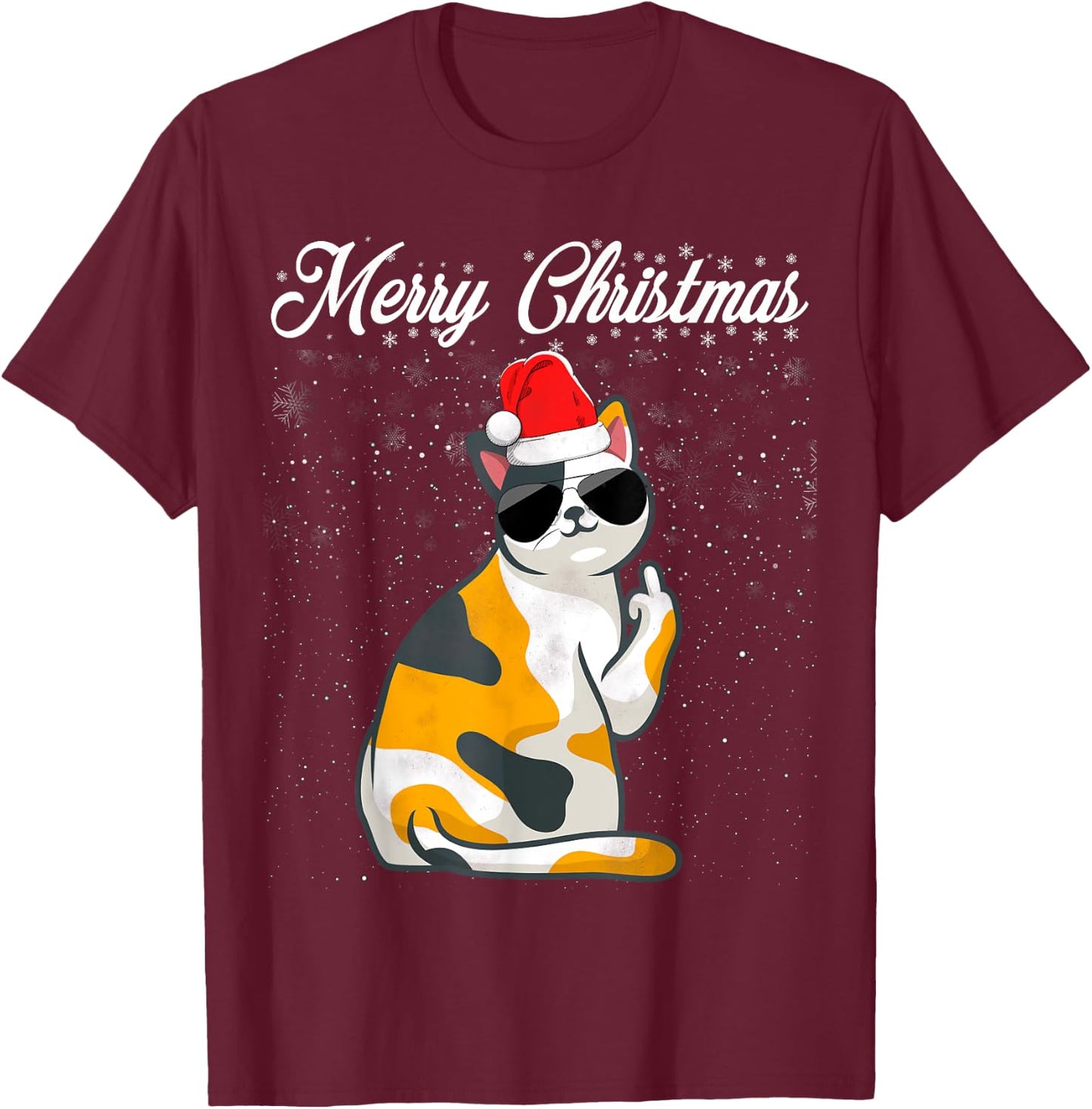 Merry Christmas Cat Middle Finger Rude Xmas Ugly Christmas T-Shirt - T-Shirt | Maroon