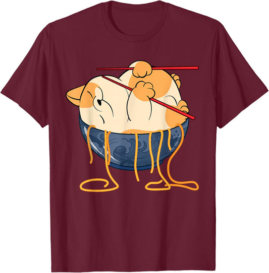Cute Anime Merch Cat Design Japanese Ramen Noodle Clothes T-Shirt - T-Shirt | Maroon