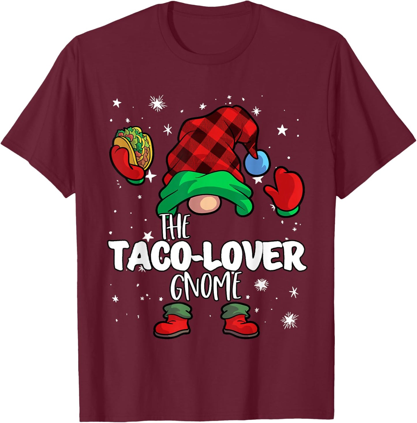 Taco Lover Gnome Red Buffalo Plaid Matching Family Christmas T-Shirt - T-Shirt | Maroon