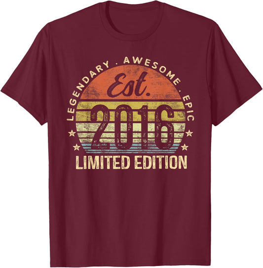 Est 2016 Limited Edition 9th Birthday Gifts 9 Year Old T-Shirt - T-Shirt | Maroon