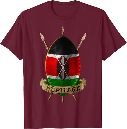 Kenya Flag Shirt Kenyan Shield Design T-Shirt - T-Shirt | Maroon