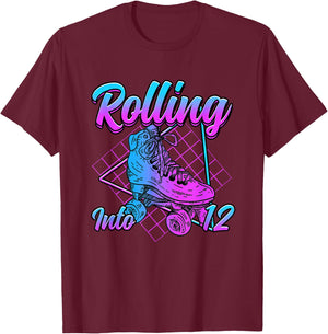 Rolling into 12 Roller Skate Birthday T-Shirt - T-Shirt | Maroon