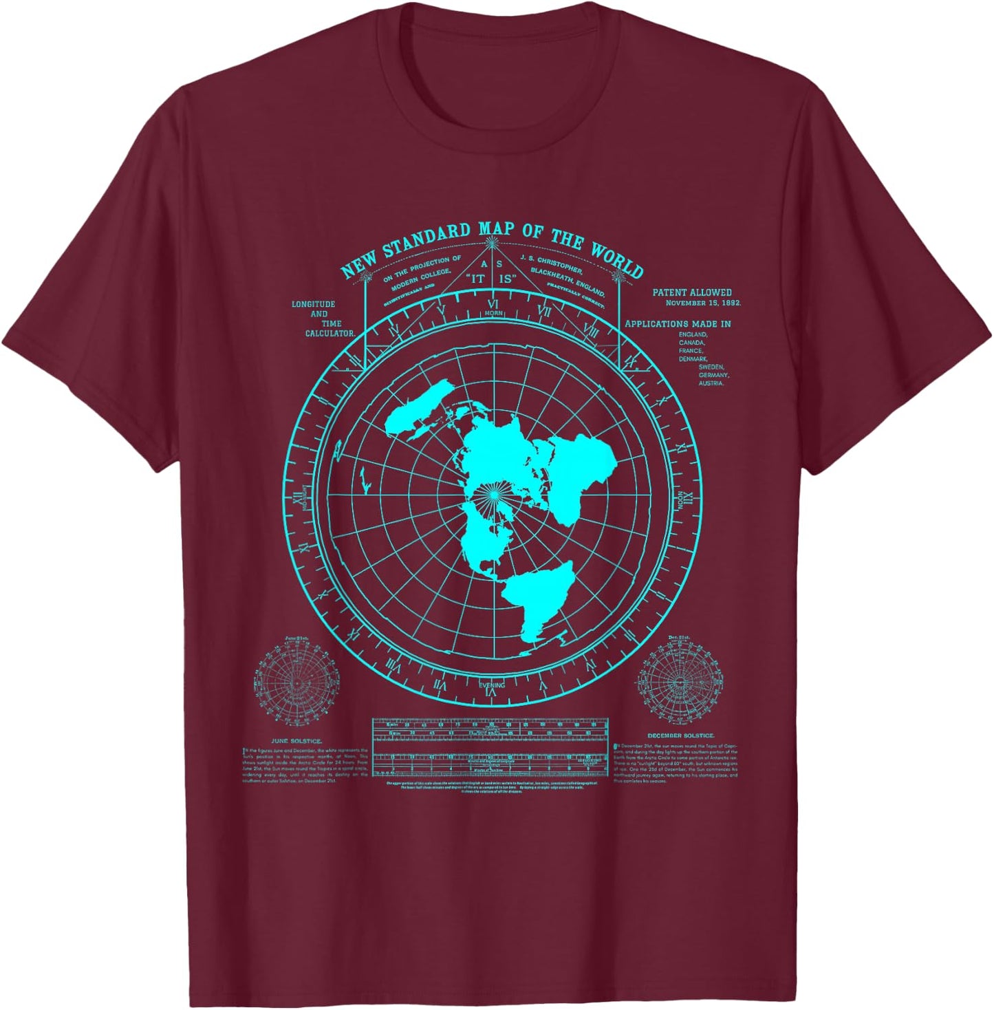 Gleason's New Standard map of The World, Flat Earth T-Shirt - T-Shirt | Maroon