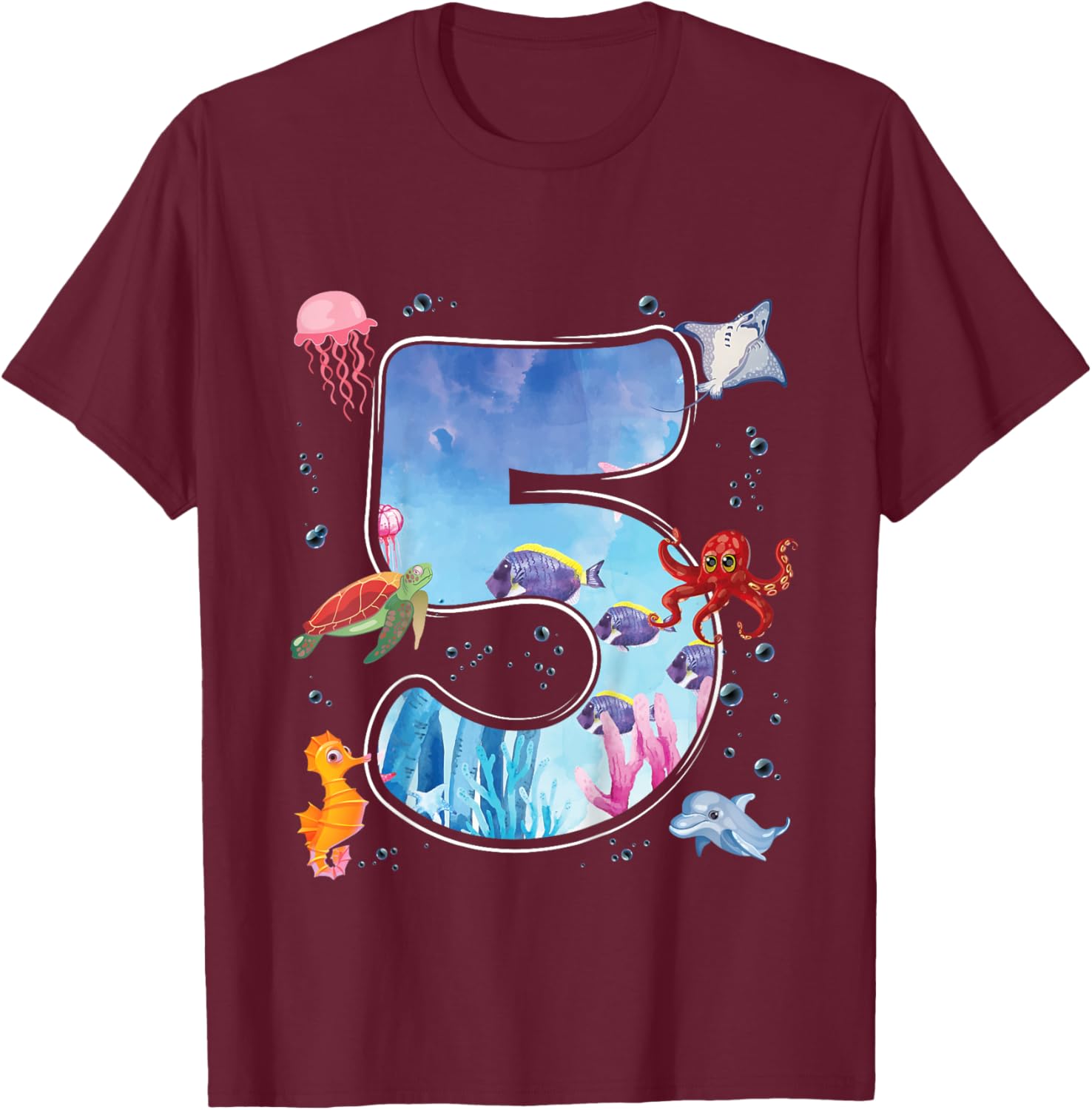 Kids 5th Birthday Party Ocean 5 Year Old Sea Fish Aquarium Boy T-Shirt - T-Shirt | Maroon