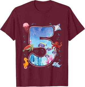 Kids 5th Birthday Party Ocean 5 Year Old Sea Fish Aquarium Boy T-Shirt - T-Shirt | Maroon