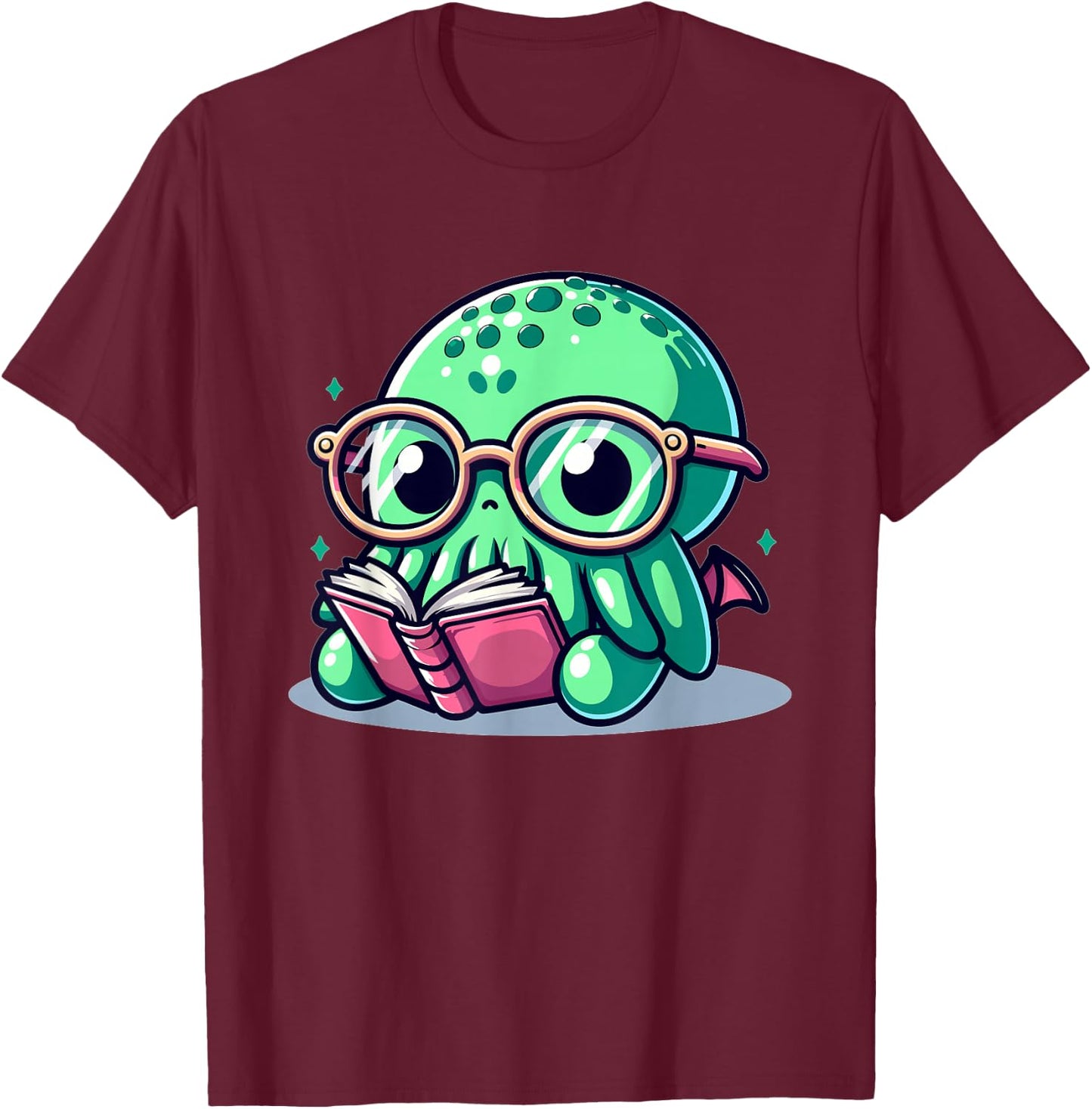 Adorable Book Lover Cthulhu With Reading Glasses Cute T-Shirt - T-Shirt | Maroon
