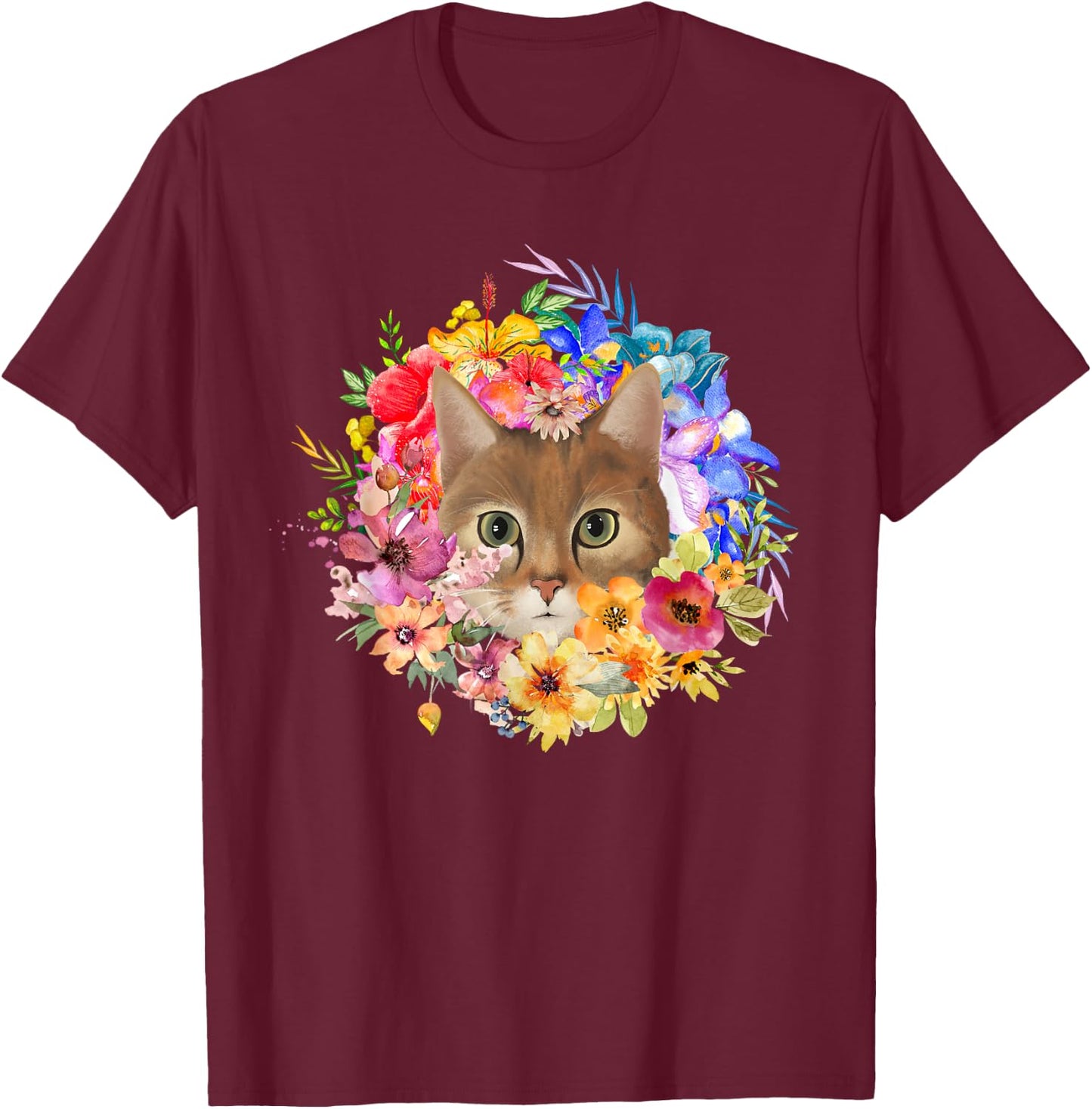 Floral Spring Cat and Spring Flowers Farm Pet Nature Design T-Shirt - T-Shirt | Maroon
