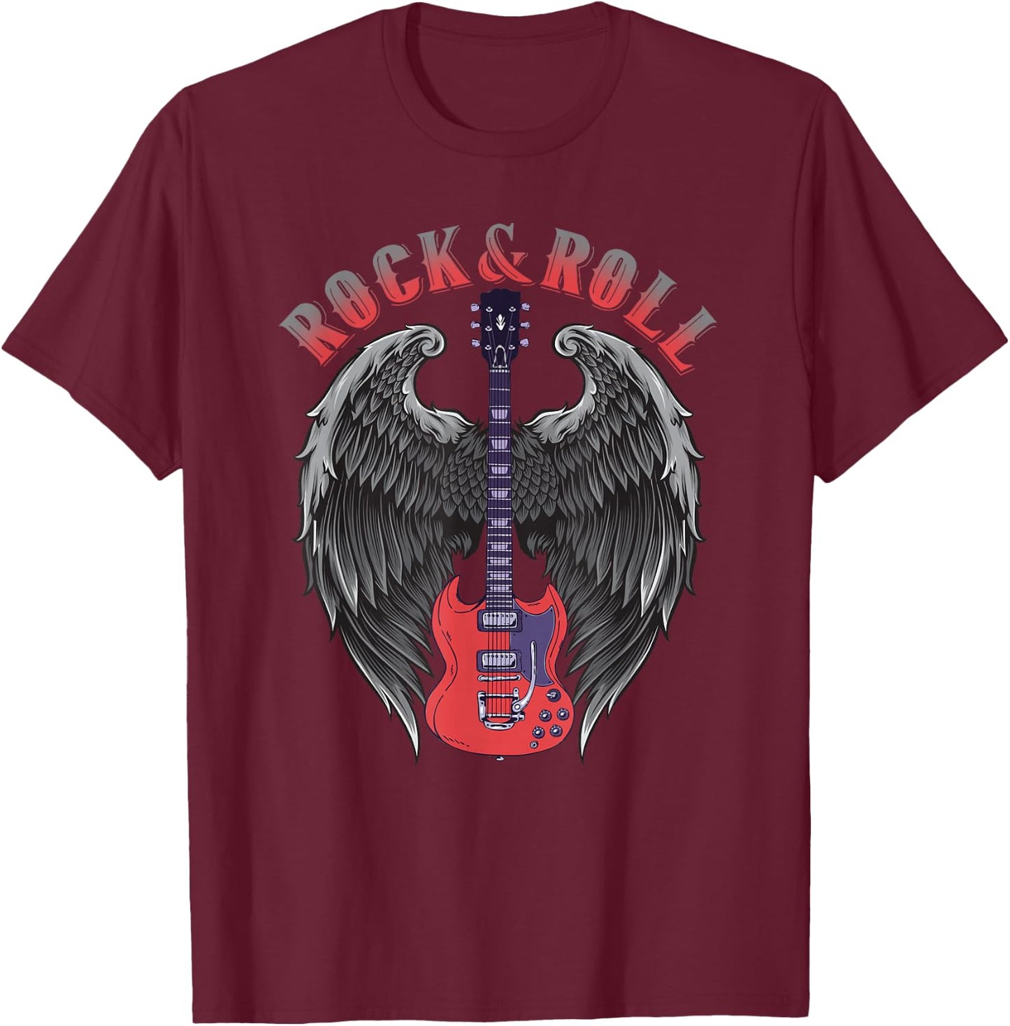 Vintage Retro 80s Music Guitar Wings Rock & Roll T-Shirt - T-Shirt | Maroon