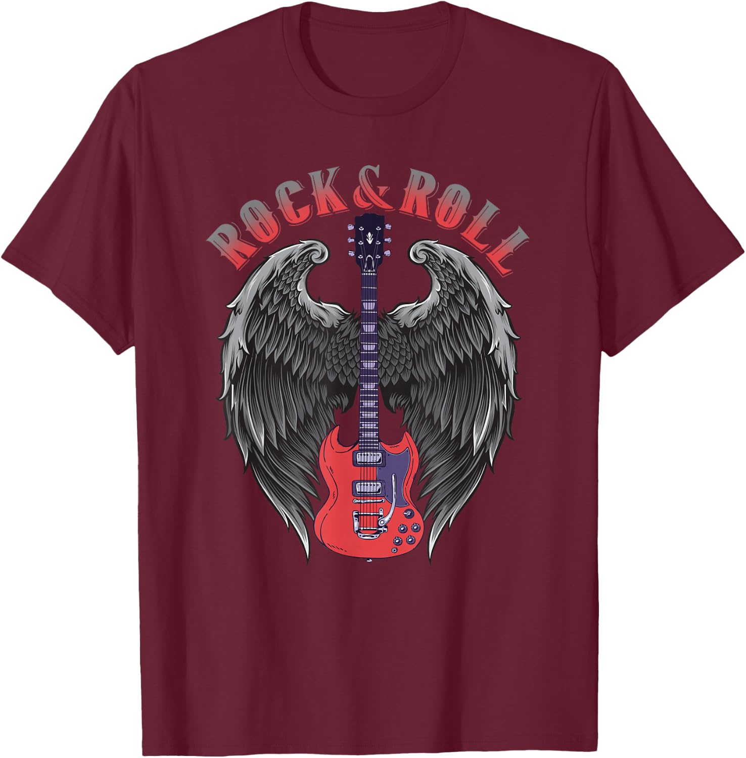 Vintage Retro 80s Music Guitar Wings Rock & Roll T-Shirt - T-Shirt | Maroon