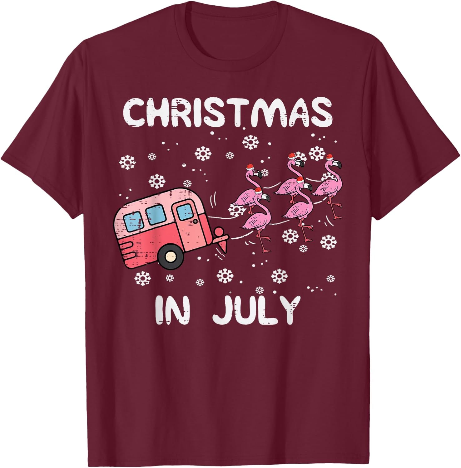 Christmas in July Flamingo Trailer Summer Xmas Camp Camper T-Shirt - T-Shirt | Maroon