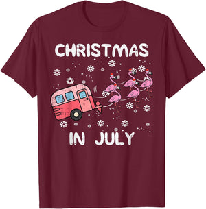 Christmas in July Flamingo Trailer Summer Xmas Camp Camper T-Shirt - T-Shirt | Maroon
