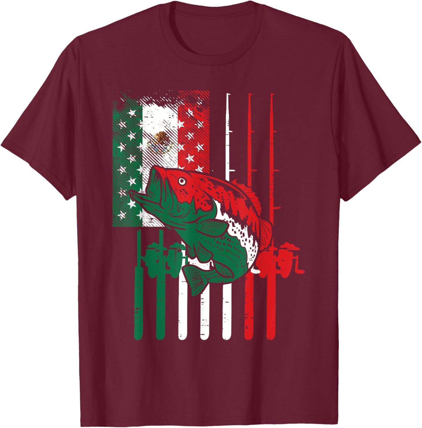 Mexican American Fishing Flag Fish Rod Cinco De Mayo Men Dad T-Shirt - T-Shirt | Maroon