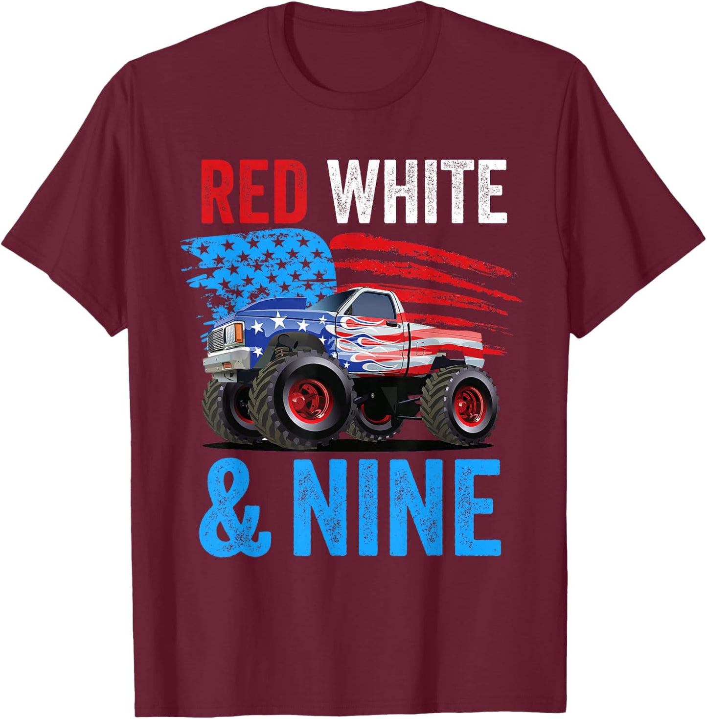 Red White & Nine Monster Truck Boy 9th Birthday USA Flag T-Shirt - T-Shirt | Maroon