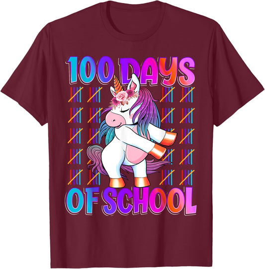100 Magical Day of School And Still Awesome 100 Days Smarter Unicorn Kids School Shirt Black Kids Small T-Shirt - T-Shirt | Maroon