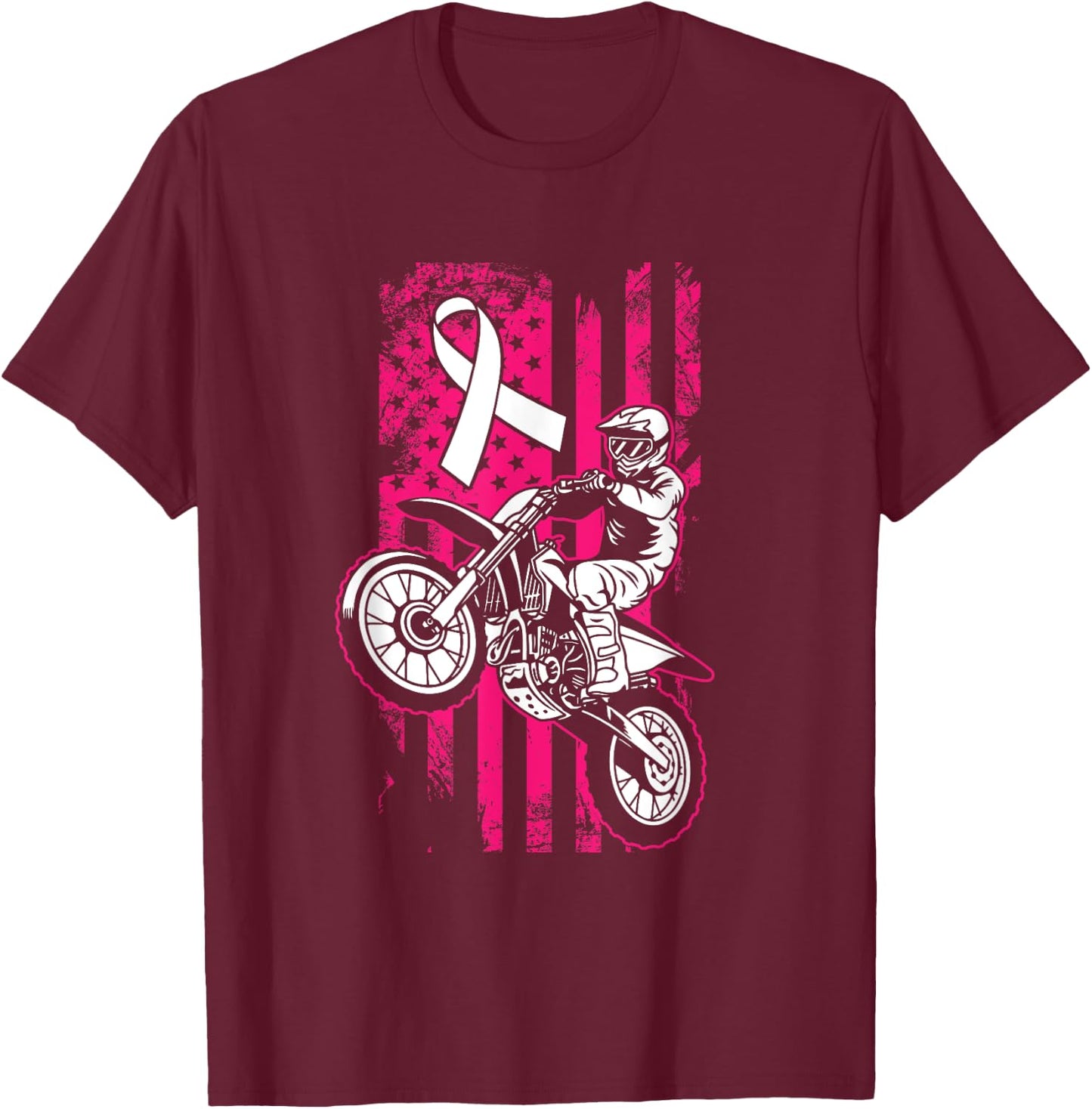 Motocross American Flag Breast Cancer Awareness Pink Ribbon T-Shirt - T-Shirt | Maroon