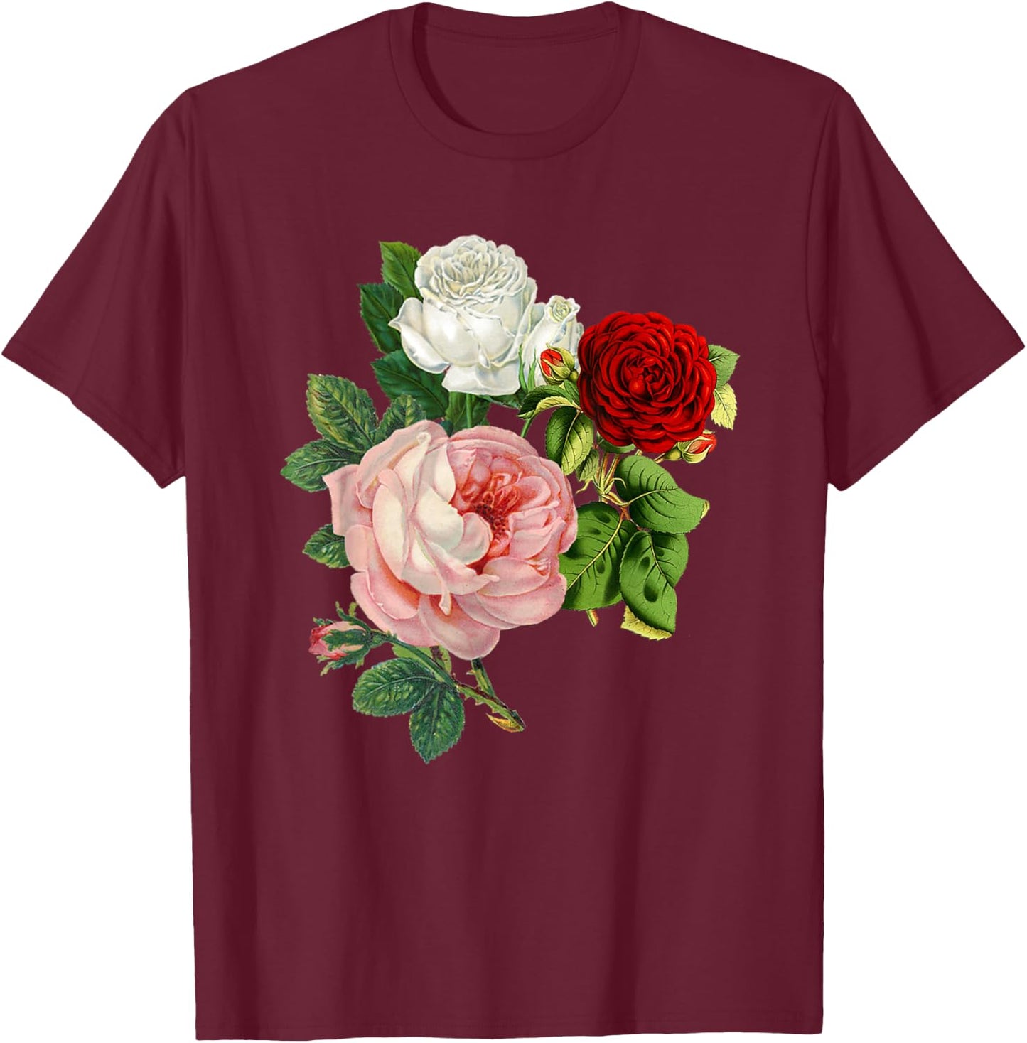 Vintage Roses Flower Floral Illustration Blossom Lovers T-Shirt - T-Shirt | Maroon