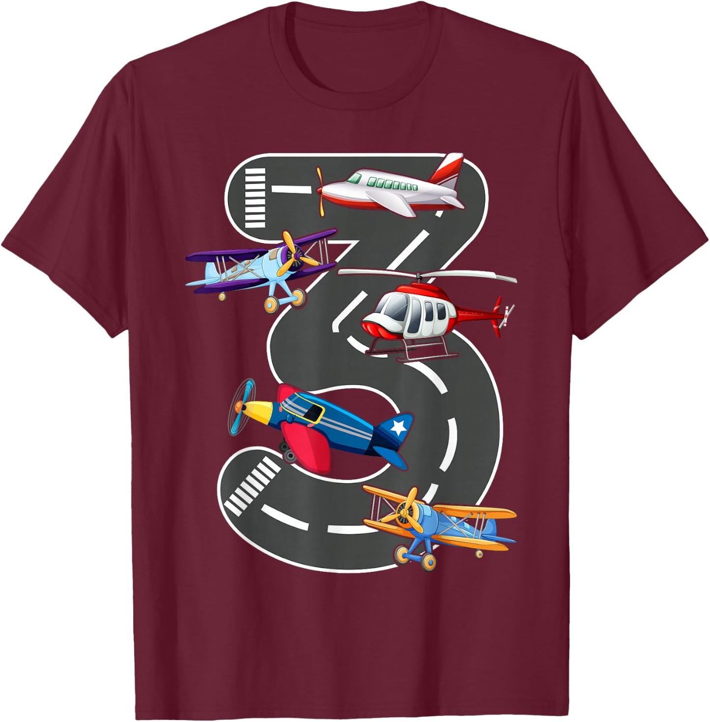 Little Pilot 3rd Birthday Party 3 Three Years Old Airplane T-Shirt - T-Shirt | Maroon