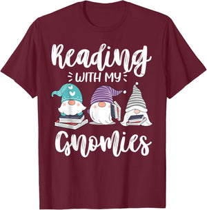 Reading With My Gnomies - Funny Gnomes Book Lover & Nerd T-Shirt - T-Shirt | Maroon