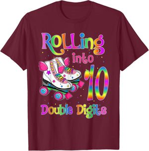 10 Years Old Birthday Girl Rolling Into 10th Double Digits T-Shirt - T-Shirt | Maroon