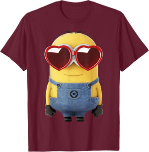 Minions Valentine's Day Dave Heart Glasses T-Shirt - T-Shirt | Maroon