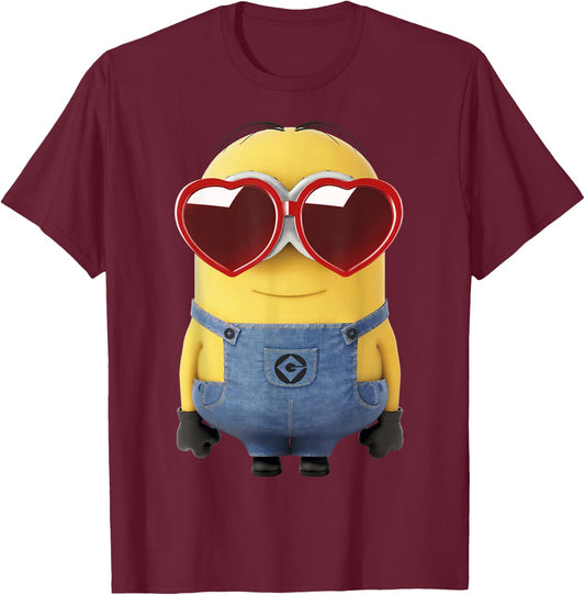 Minions Valentine's Day Dave Heart Glasses T-Shirt - T-Shirt | Maroon